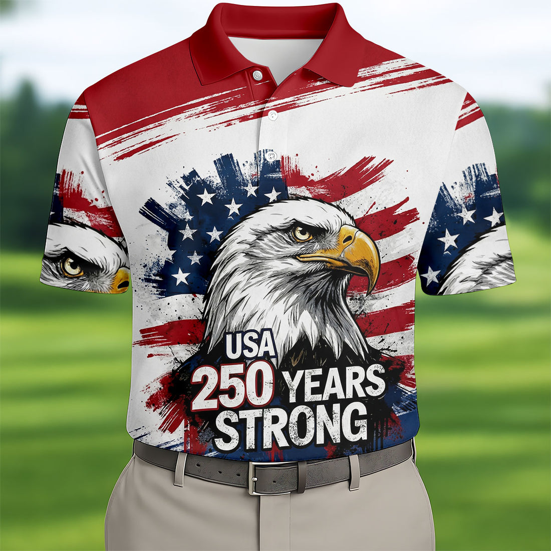 USA 250 Years Strong Bald Eagle American Flag Golf Shirt, Patriotic 4th Of July Golf Shirts For Men