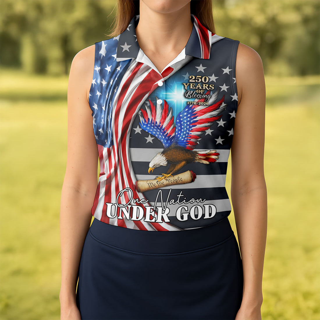 One Nation Under God 250 Years Of Blessing Patriotic Golf Shirt, 4th Of July Women's Golf Tops