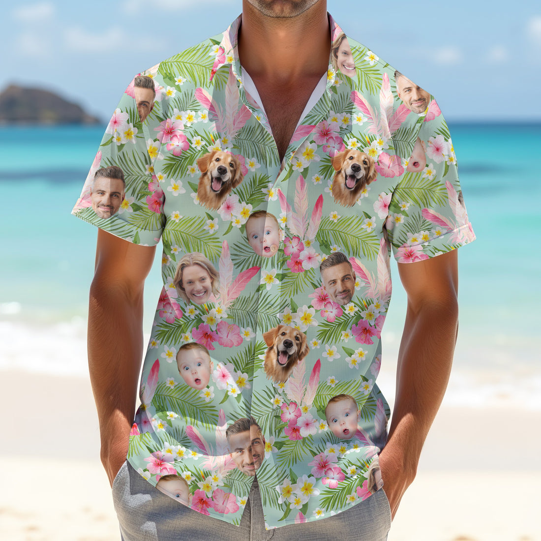 Hibiscus Hawaiian Shirt, Green Hawaiian Shirt, Custom Face Shirt, Mens Golf Polo Shirts, Best Gifts For Men Golfers