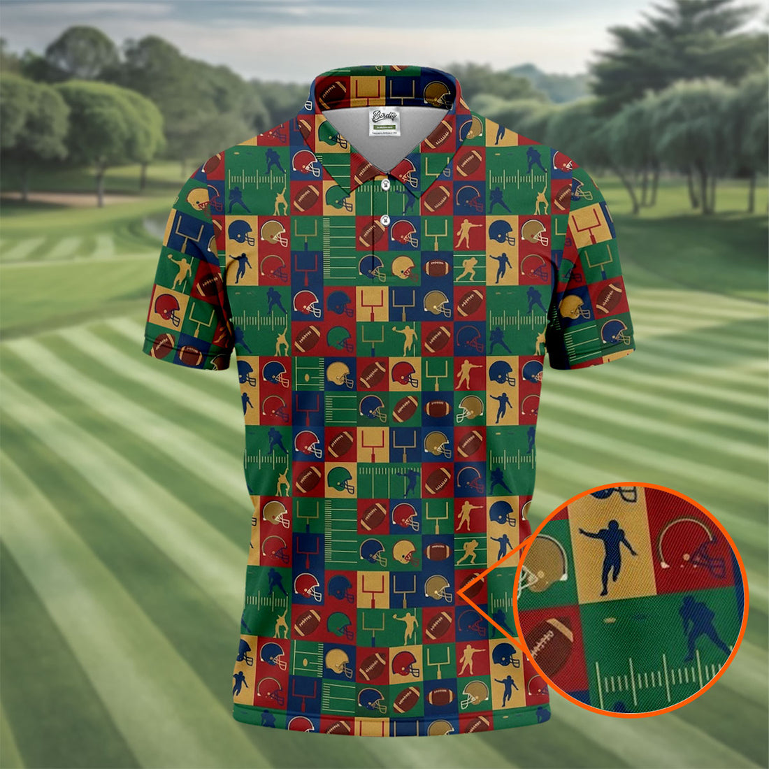 Football Pattern Square Grid Sport Polo, American Football Shirt, Game Day Football Theme Polo For Men