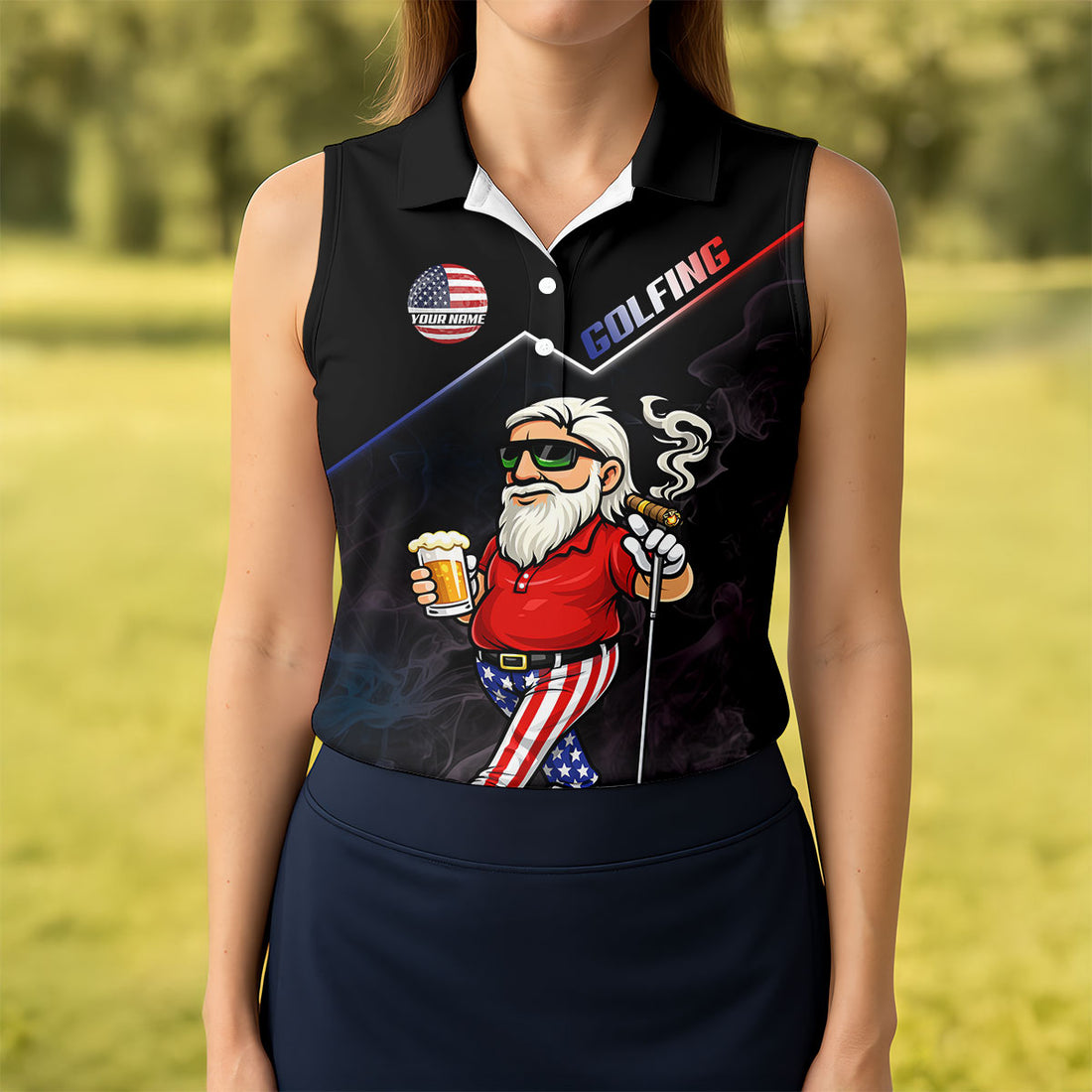 Patriotic Man Golf And Beer Custom Name Funny 4th Of July Golf Shirt, 250th Anniversary Golf Shirt For Women