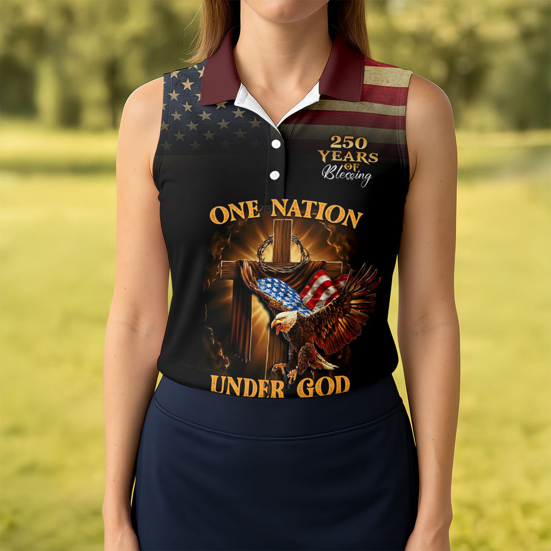 One Nation Under God 250 Years Faith Cross 4th Of July Golf Shirt, Patriotic Women's Golf Tops