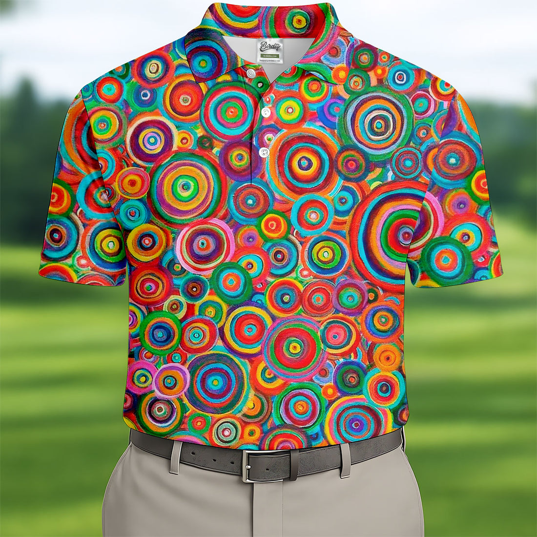 Colorful Abstract Circle Pattern Polo Shirt, Printed Golf Shirts, Mens Polo Shirts