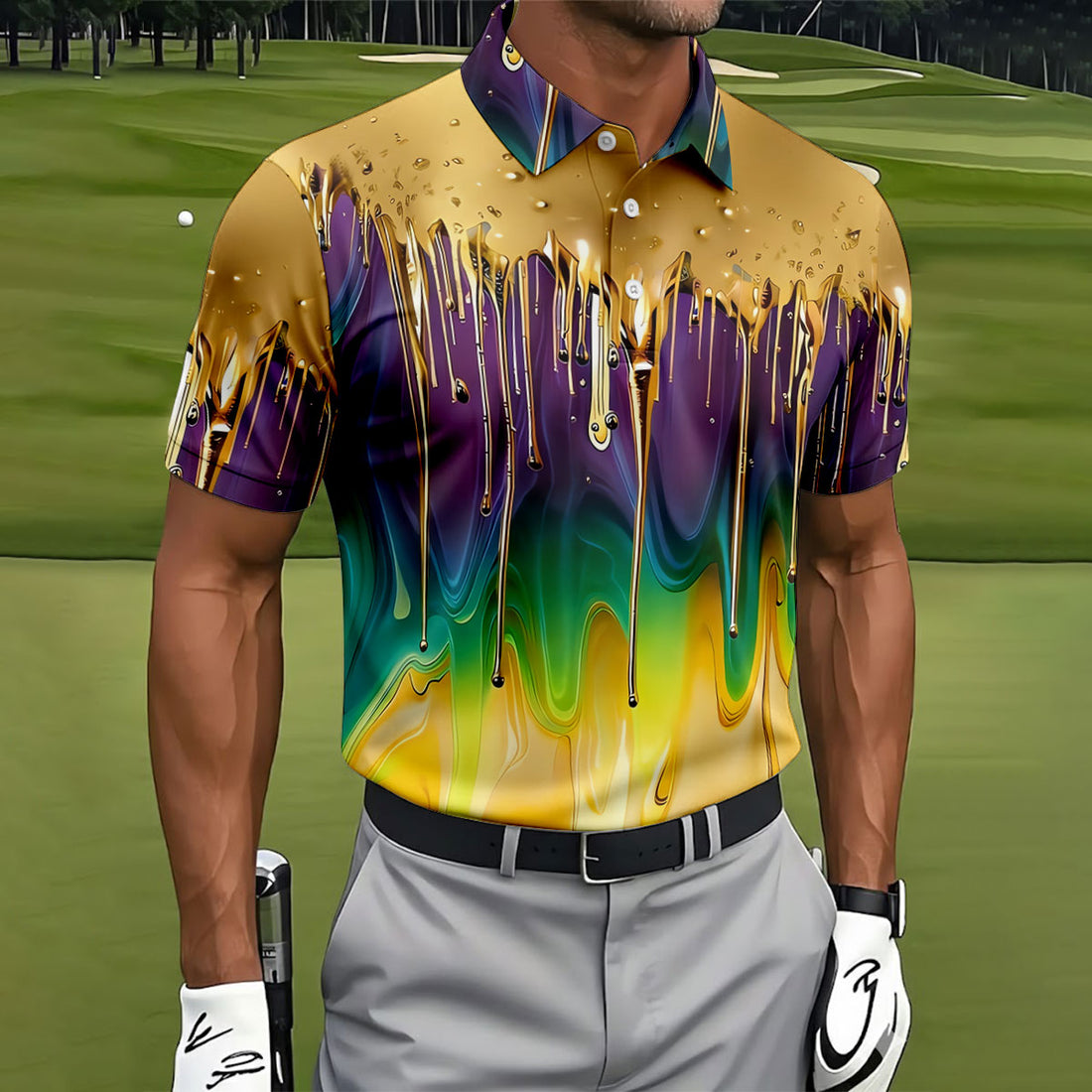 Purple Green Gold Dripping Effect Mardi Gras Golf Shirt, Polo Shirts For Men, Golf Shirts For Men