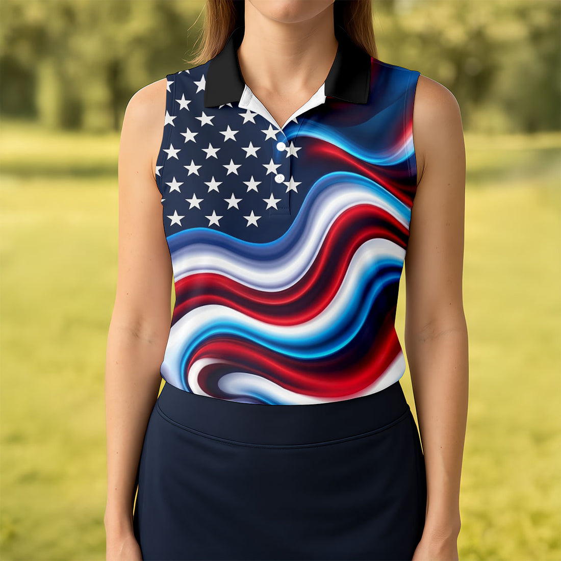 Star Pattern Red White Blue Wavy Stripes 250th Anniversary, Patriotic 4th Of July Golf Shirt For Women