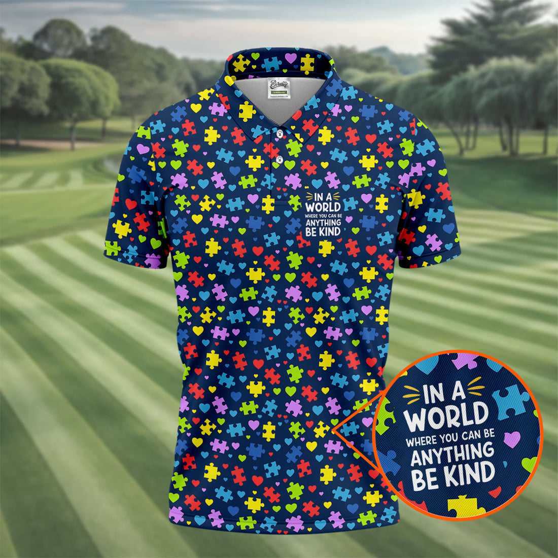 In A World Where You Can Be Anything Be Kind Autism Awareness Puzzle Pattern Navy Golf Shirt, Polo Shirts For Men