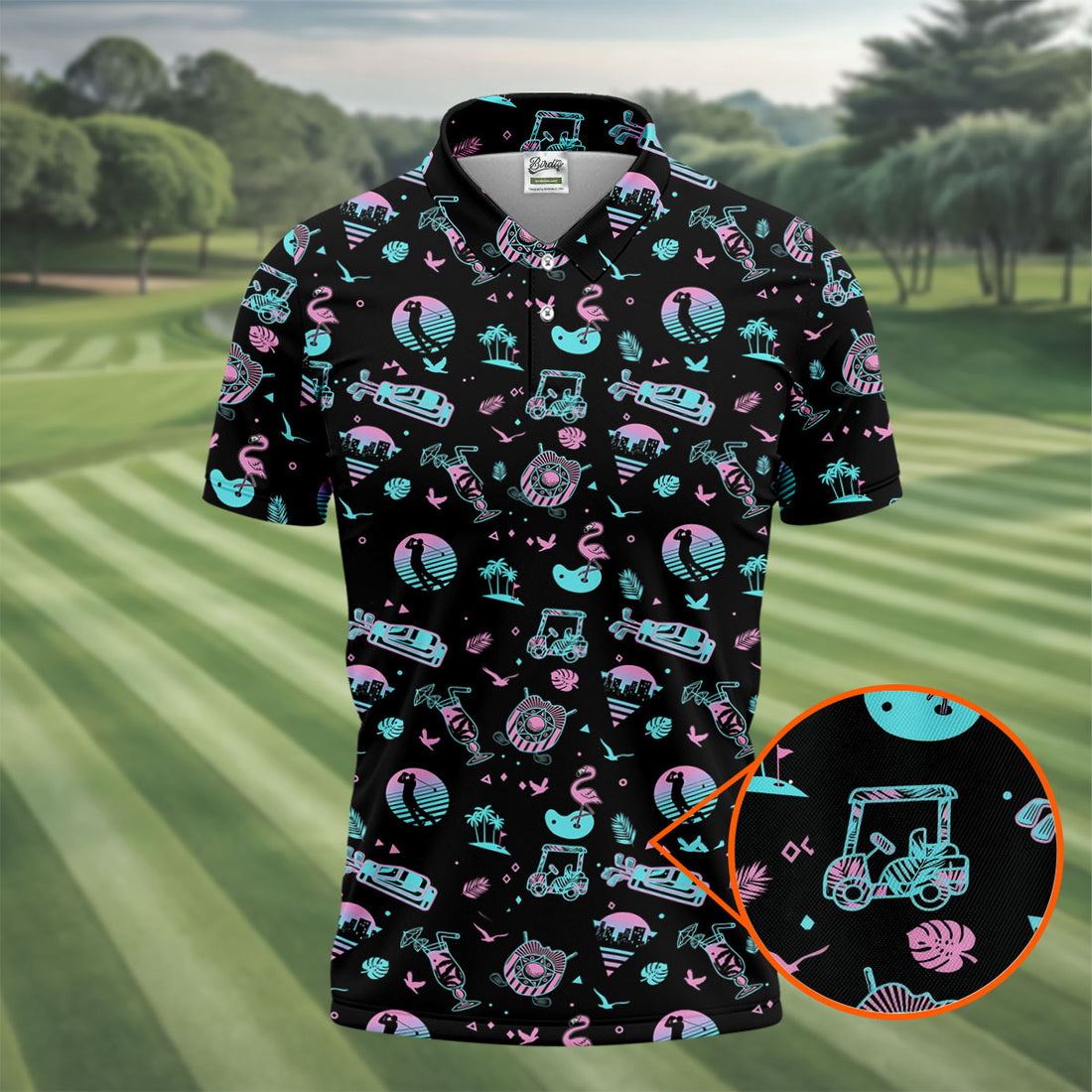 Flamingo Tropical Gradient Colors Retro Golf Shirt, Golf Tops For Men, Golf Shirts For Men