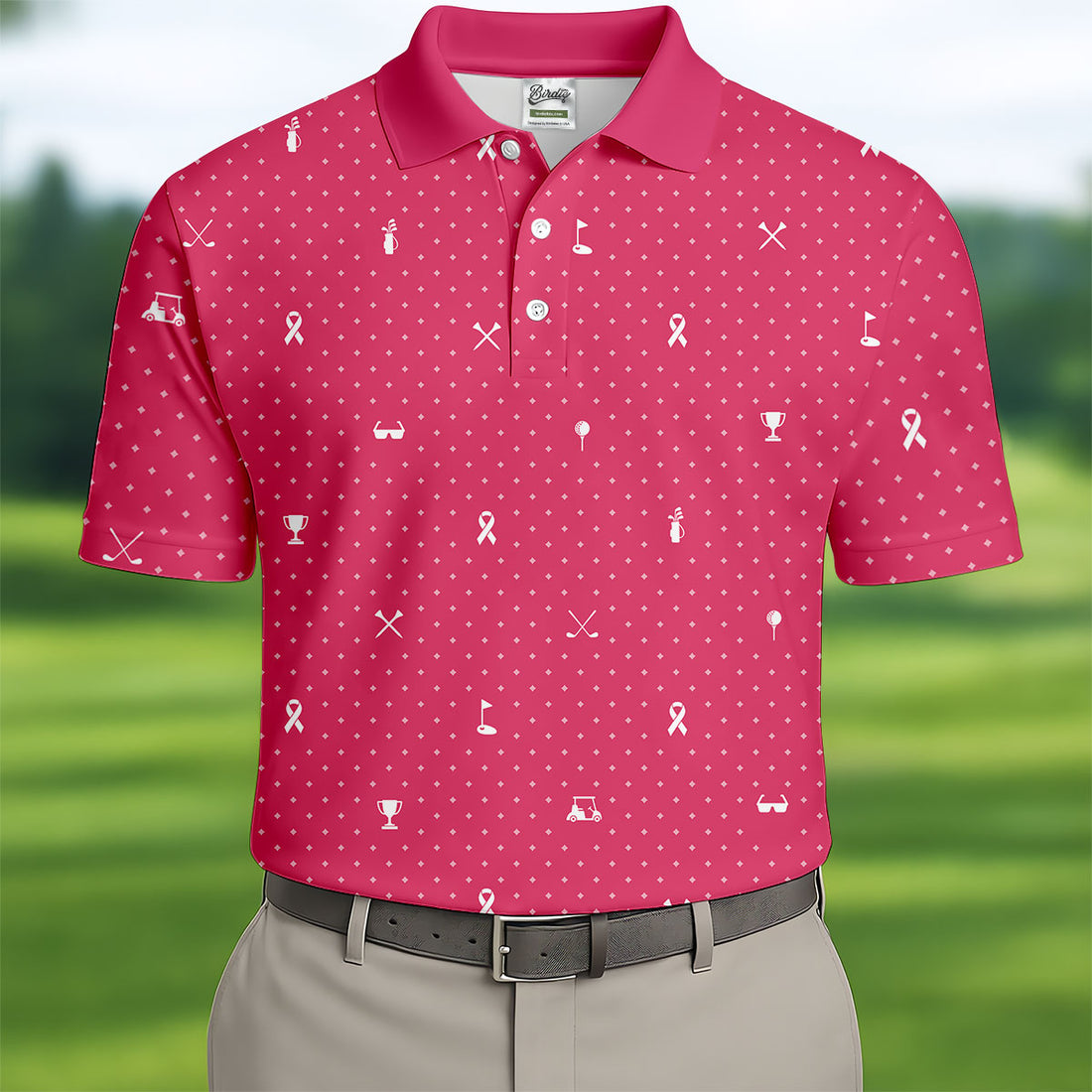 Pink Ribbon Golf Pattern Breast Cancer Polo Shirt, Golf Shirts For Men, Mens Golf Apparel