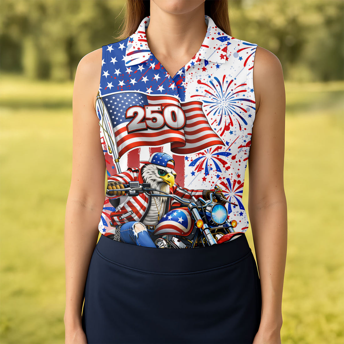 250 Years Eagle Motorcycle American Flag Golf Shirt, Patriotic 4th Of July Golf Shirt For Women