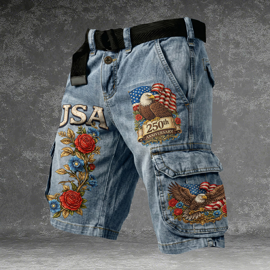 Vintage USA 250th Eagle Denim Cargo Shorts, Patriotic American Flag Shorts, Men's Cargo Shorts