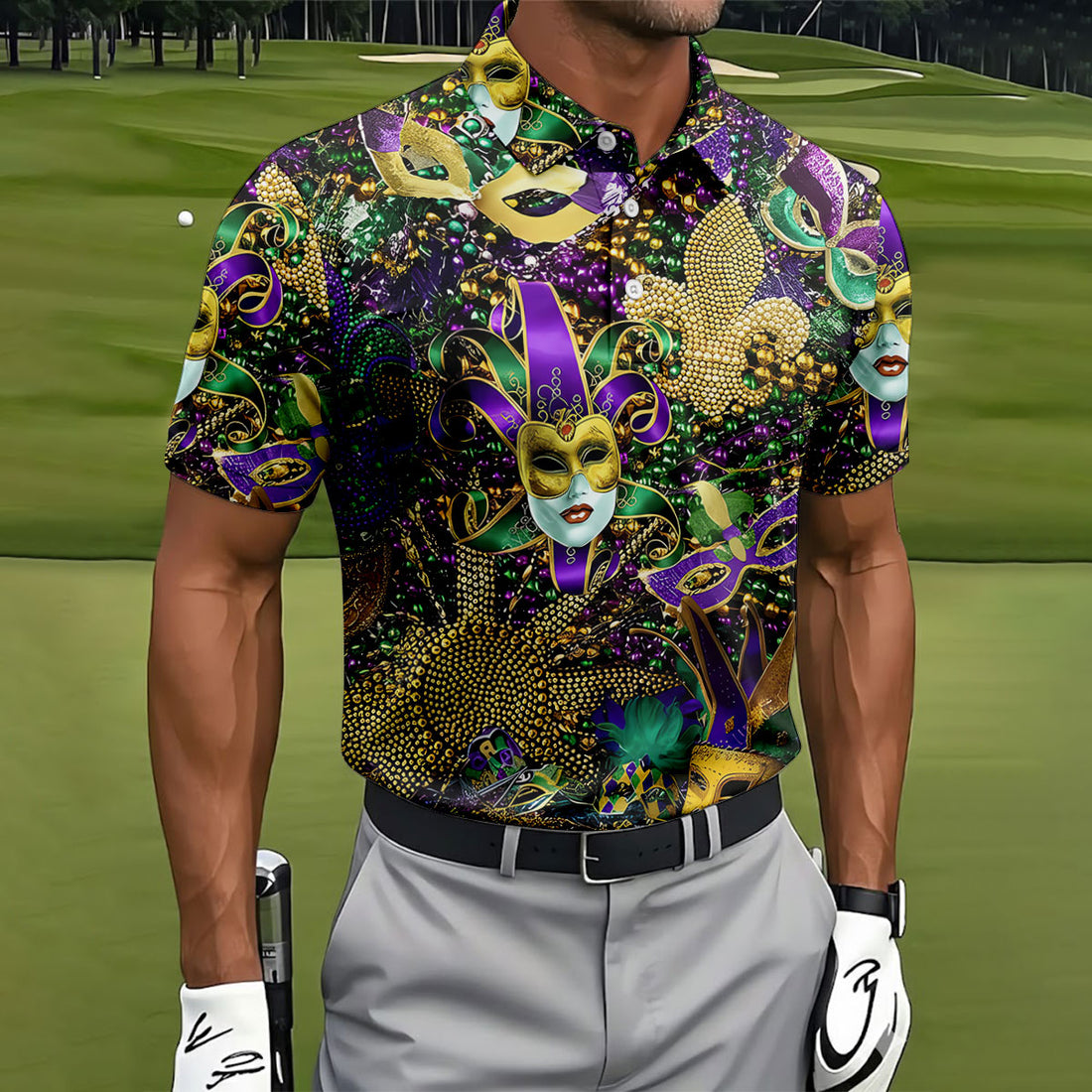 Jester Mask Purple Green Gold Fleur De Lis Beads Mardi Gras Golf Shirt, Golf Shirts For Men, Polo Shirts For Men