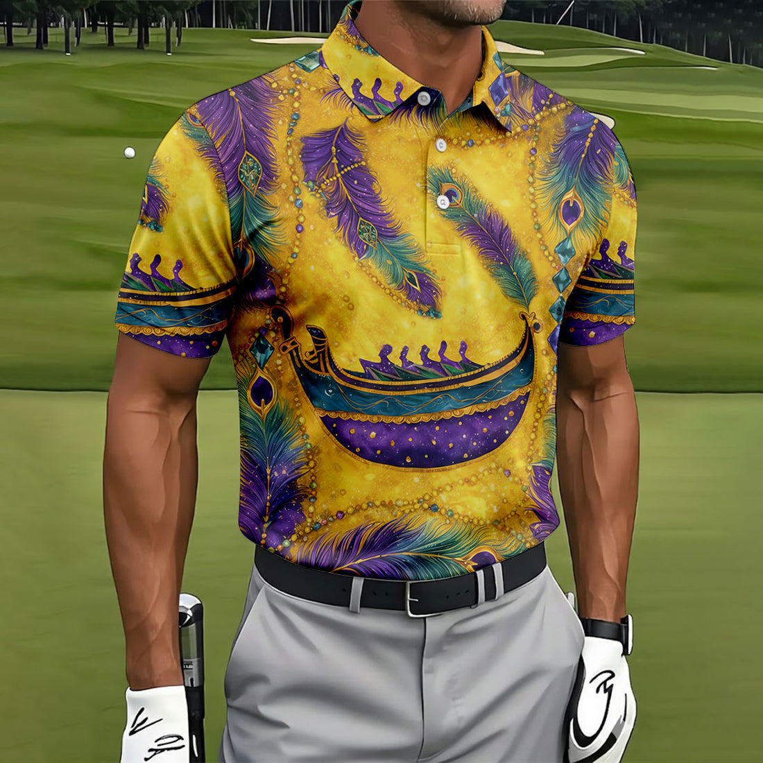 Mardi Gras Day Gradient Art Feather Print Retro Men's Golf Polo Shirts, Golf Shirts For Men