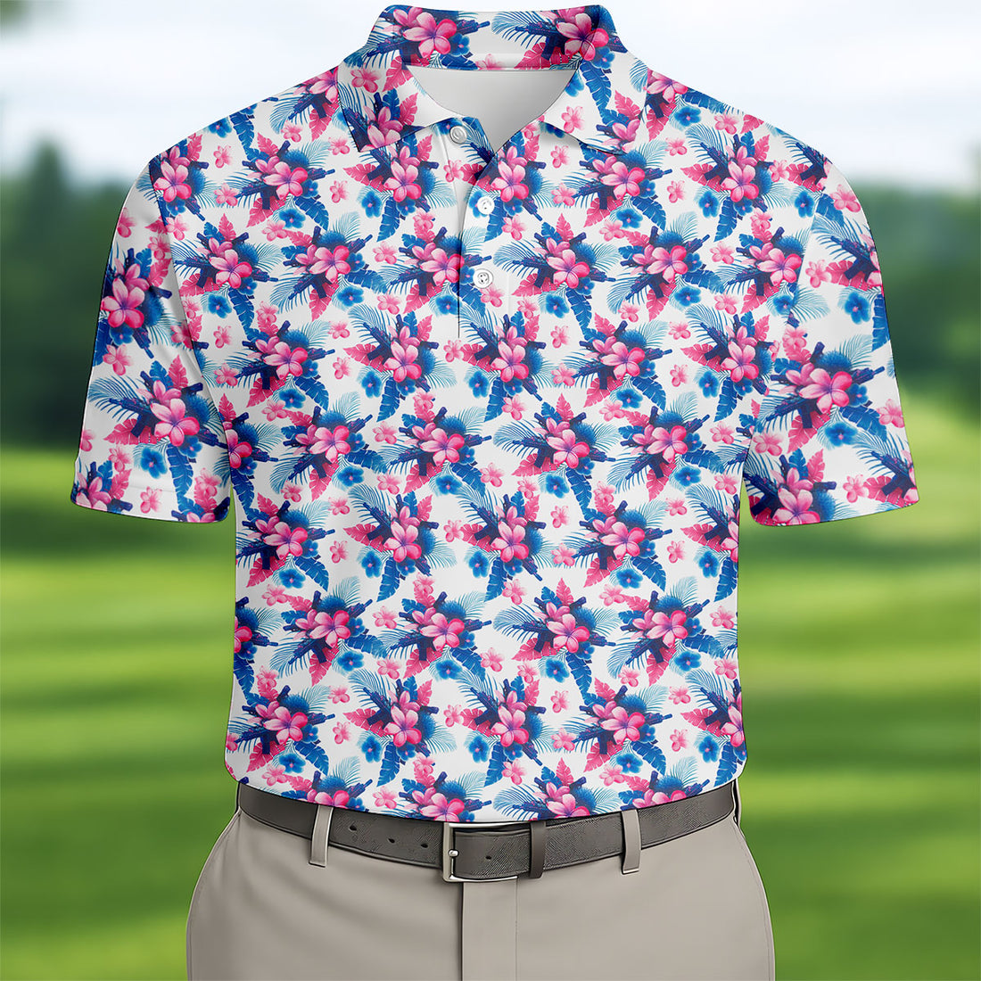 Pink Blue Tropical Floral Hawaiian Golf Shirt, Vibrant Color Golf Shirts For Men