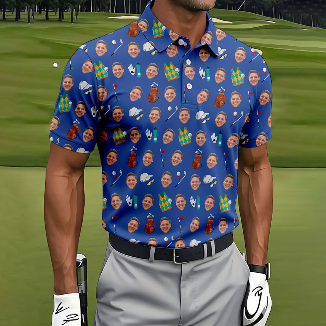 Blue Custom Photo Golf Icons Polo Shirt, Mens Golf Polo, Golf Apparel For Men