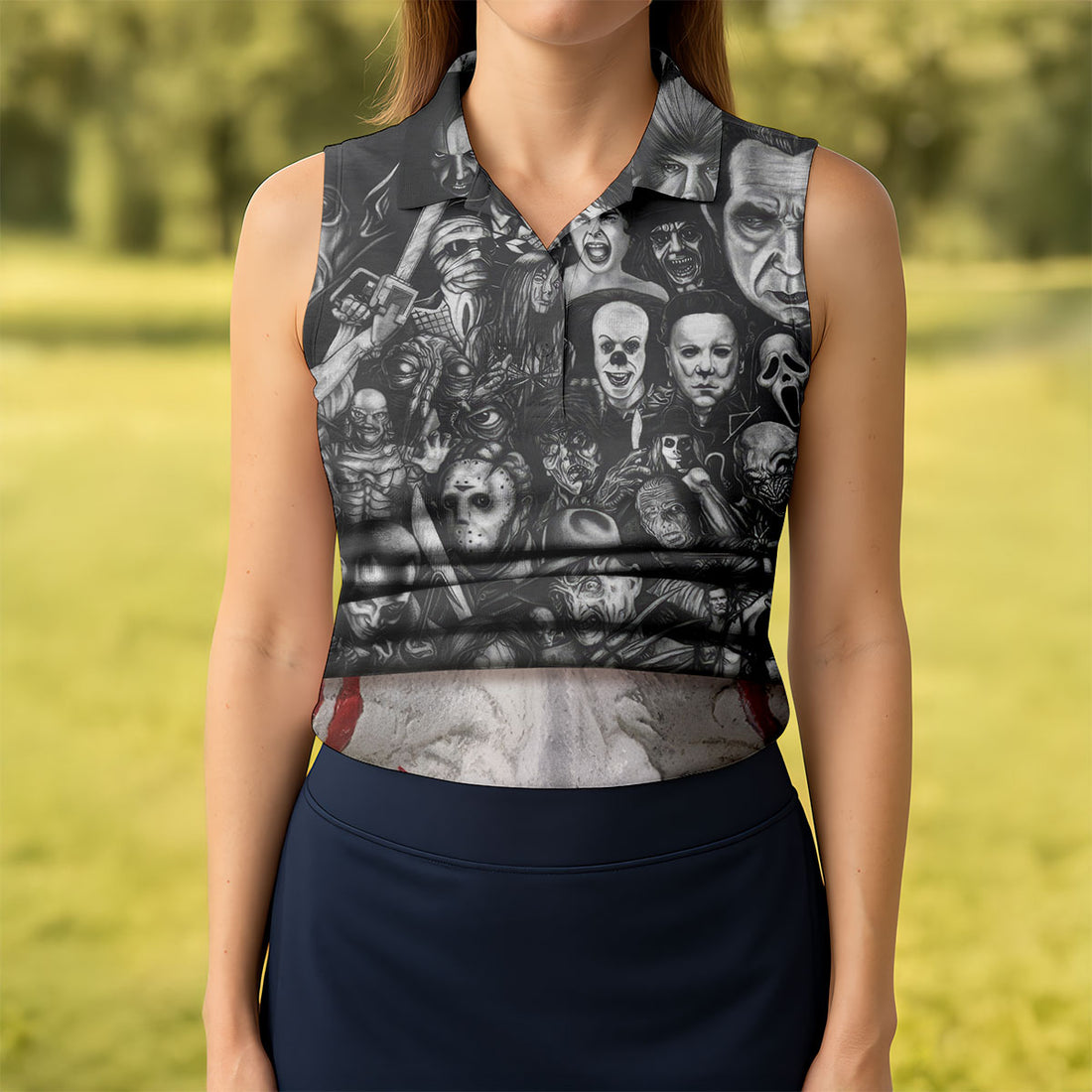 Funny Custom Face Horror Character Halloween Polo Shirt, Women's Golf Tops, Printed Golf Shirt