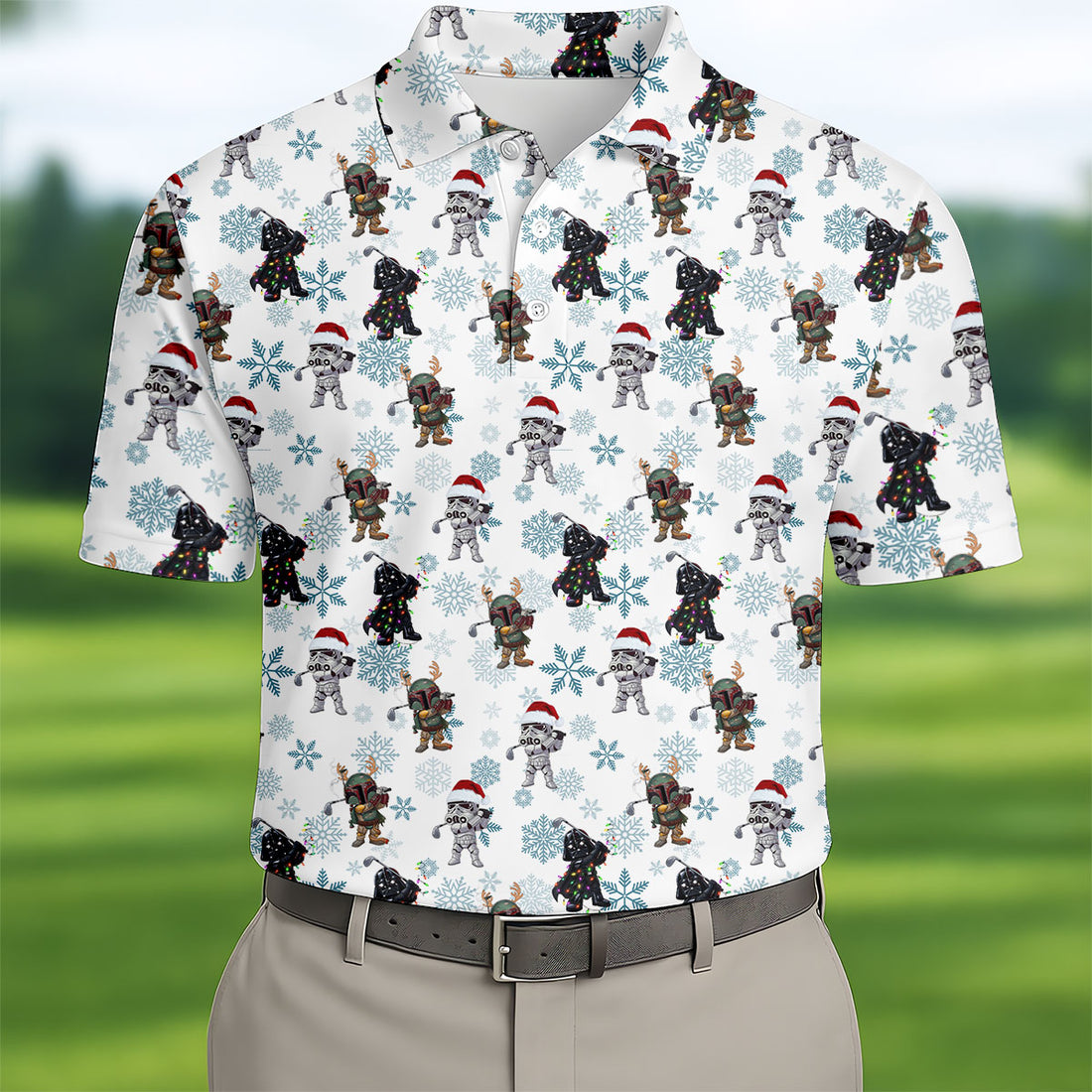 Christmas Space Characters Pattern Polo Shirt, Mens Golf Shirts, Golf Polo Shirts For Men