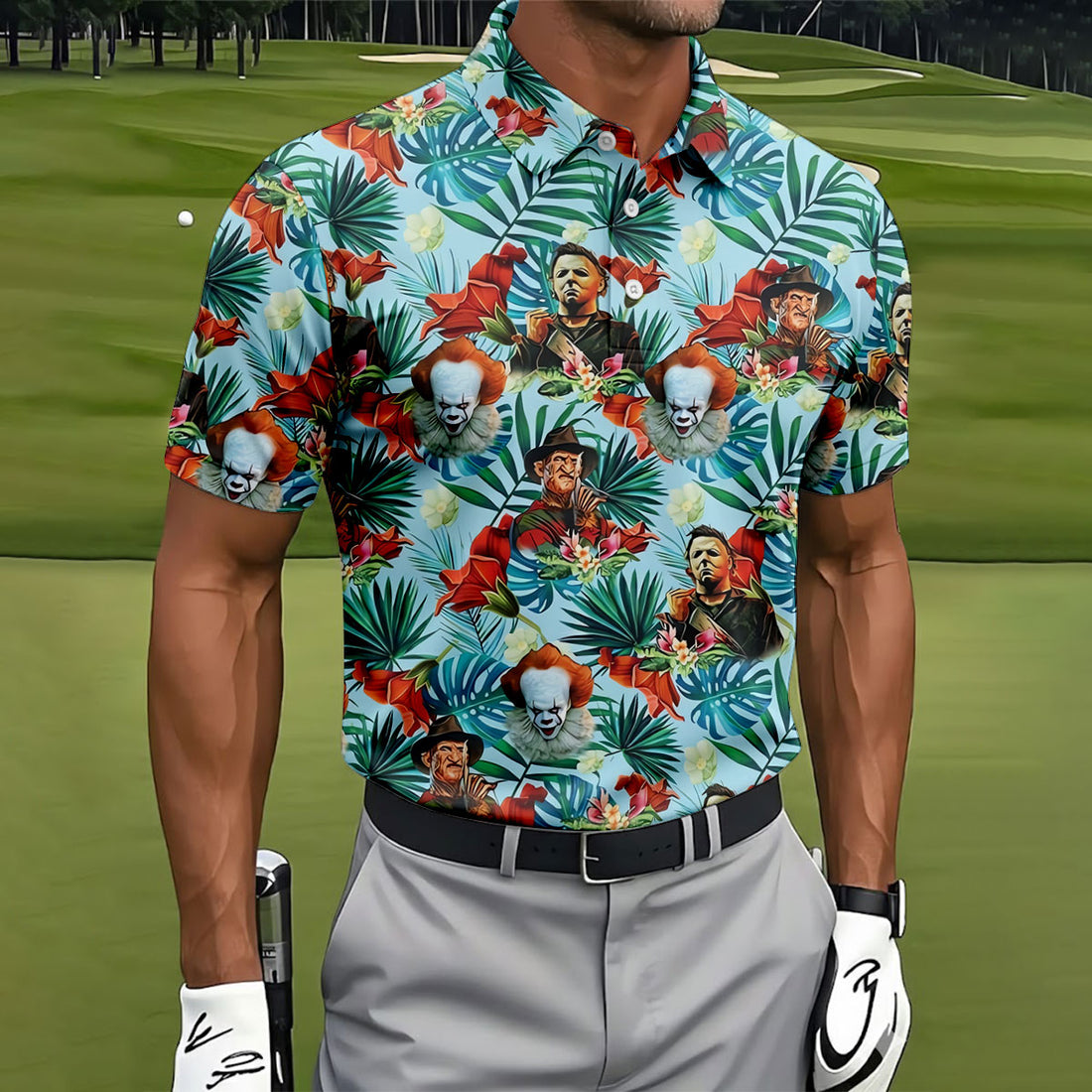 Tropical Horror Character Hawaiian Golf Shirt, Mens Golf Polo, Halloween Golf Shirt