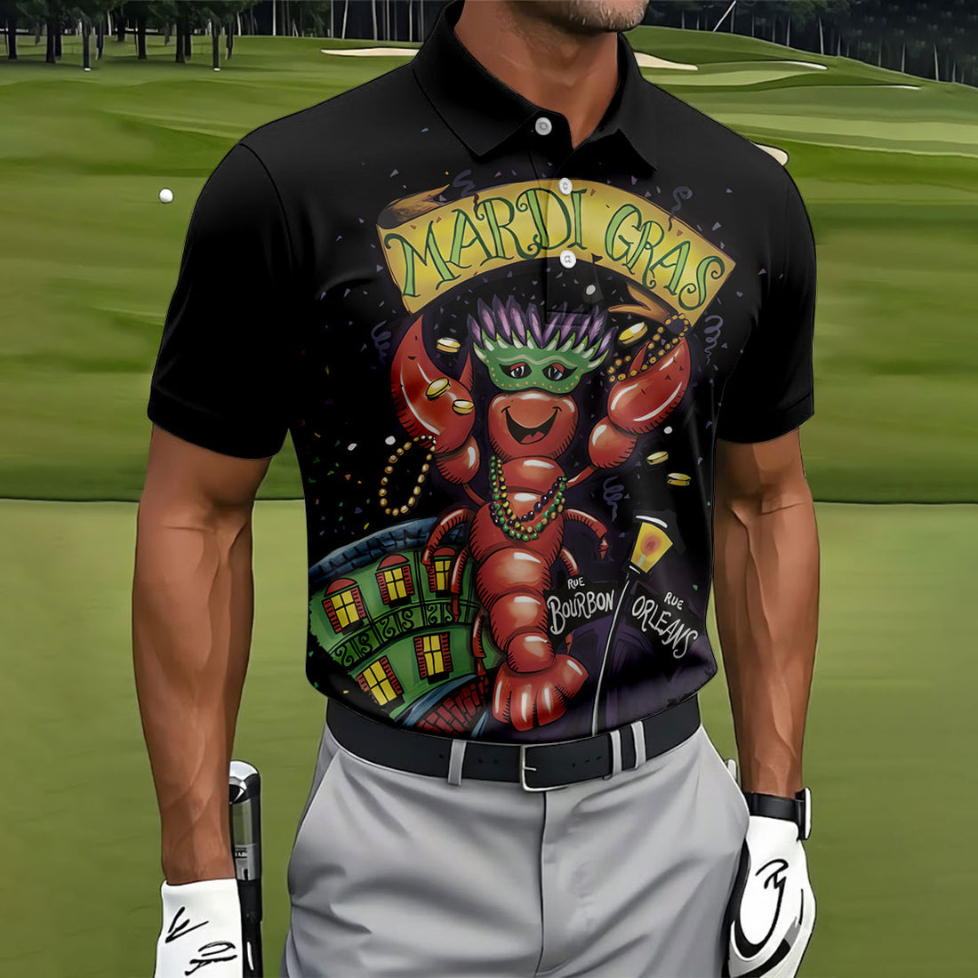 Mardi Gras Crawfish Rue Bourbon Black Golf Shirt, Polo Shirts For Men, Golf Shirts For Men
