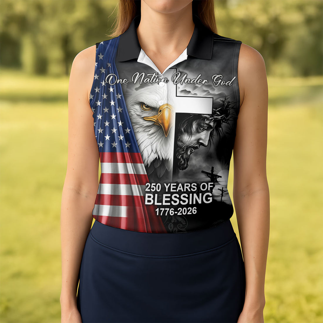 One Nation Under God 250 Years Of Blessing Faith Cross US Flag Golf Shirt, 4th Of July Golf Shirt For Women