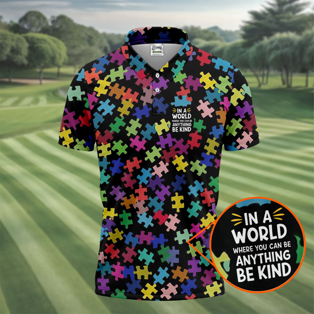 In A World Where You Can Be Anything Be Kind Autism Awareness Puzzle Pattern Men's Golf Shirt, Polo Shirts For Men