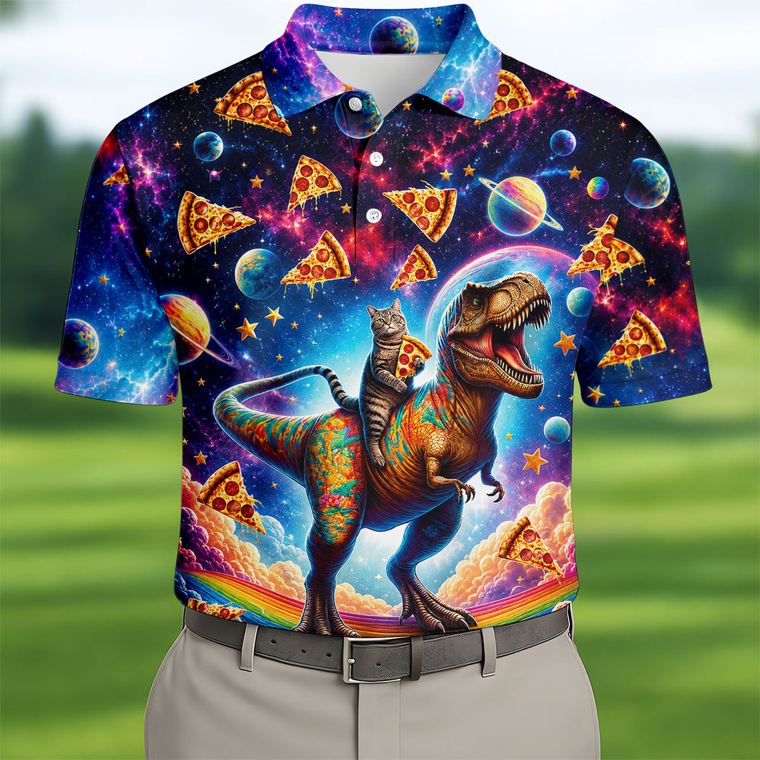 Pizza Space Cat Rainbow Dinosaur Hawaiian Golf Shirt, Men's Golf Shirt, Polo Shirts For Men
