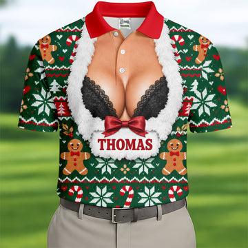 Custom Name Sexy Cleavage Christmas Golf Shirt, Mens Golf Polo, Golf Shirts For Men