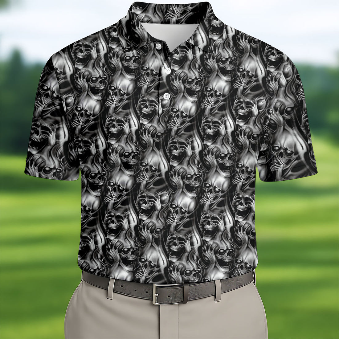 Dark Grim Reaper Skull Pattern Golf Polo Shirt, Mens Golf Polo, Golf Apparel For Men