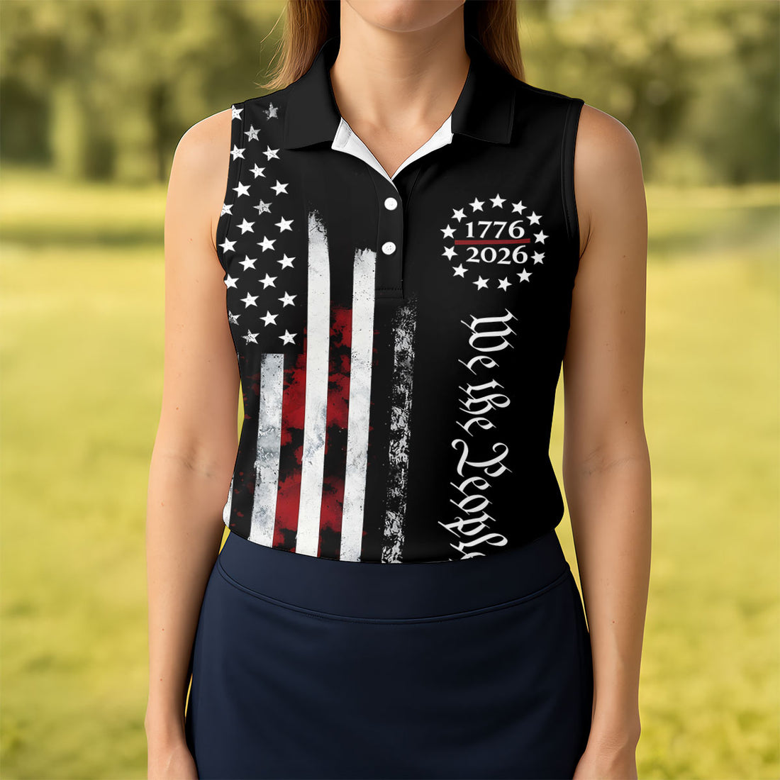 We The People Distressed Flag Patriotic Black Golf Shirt, 250 Years 4th Of July Golf Shirt For Women