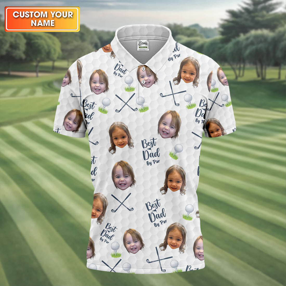 Custom Face Kids Photo, Best Papa By Par Funny Polo Golf Shirt, Dad Golf Shirt For Father's Day