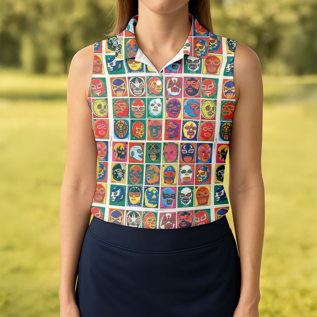 Lucha Libre Mask Grid Pattern Ladies Golf Tops, Cinco De Mayo Celebration Golf Shirt For Women