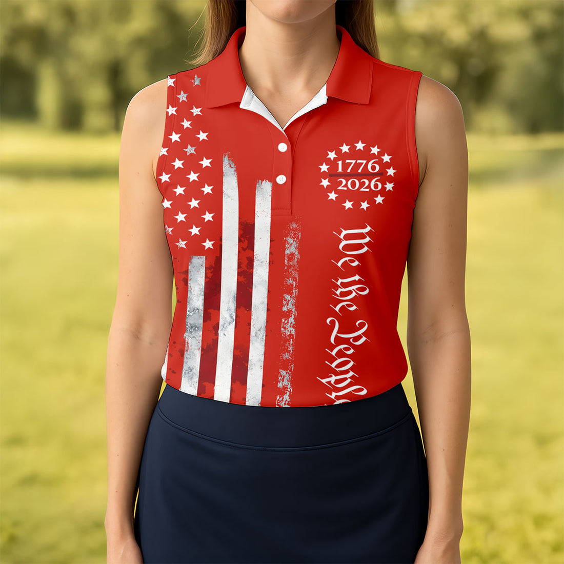 We The People Distressed Flag Patriotic Red Golf Shirt, 250 Years 4th Of July Golf Shirt For Women