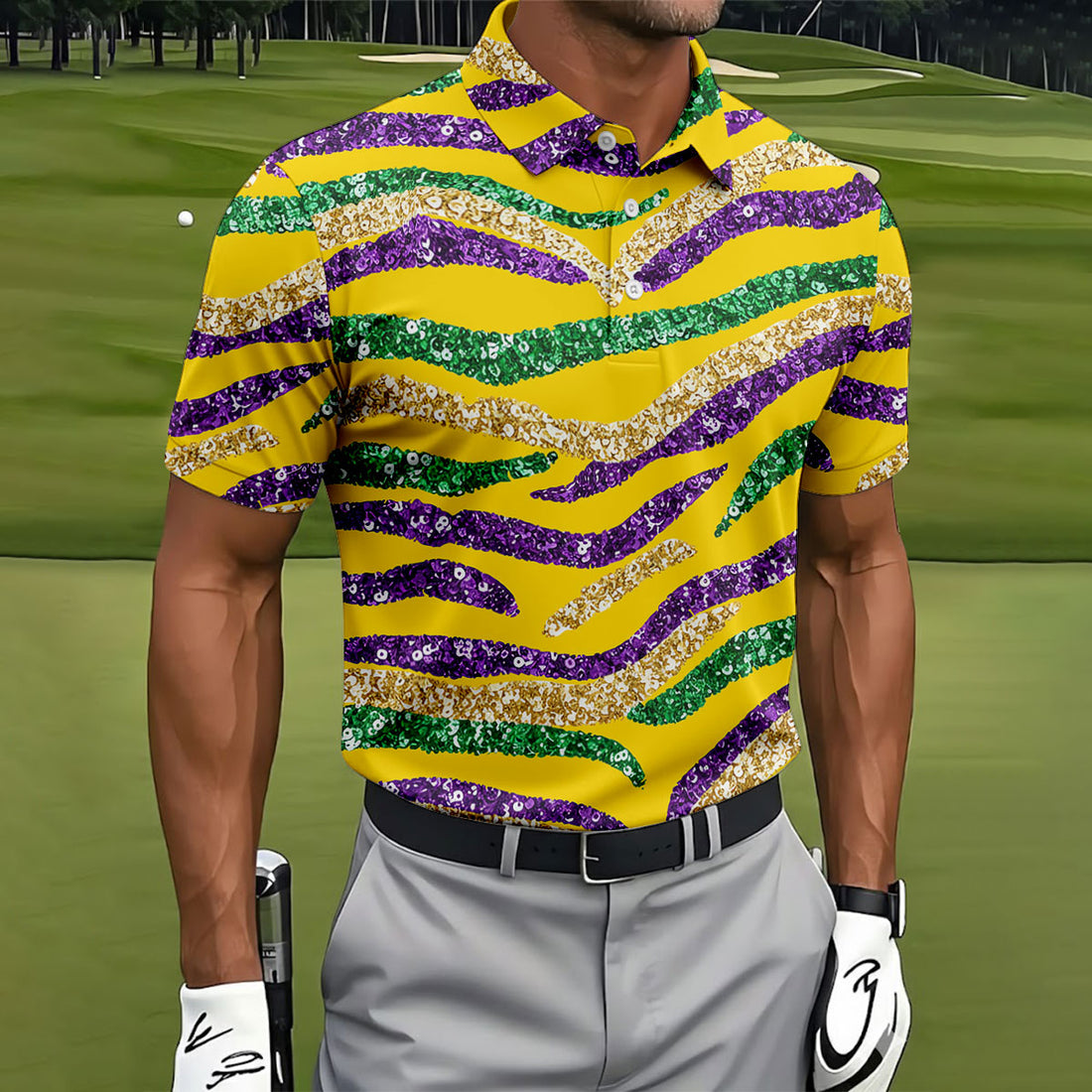 Purple Green Gold Sequin Pattern Yellow Golf Shirt, Mardi Gras Golf Shirt, Polo Shirts For Men
