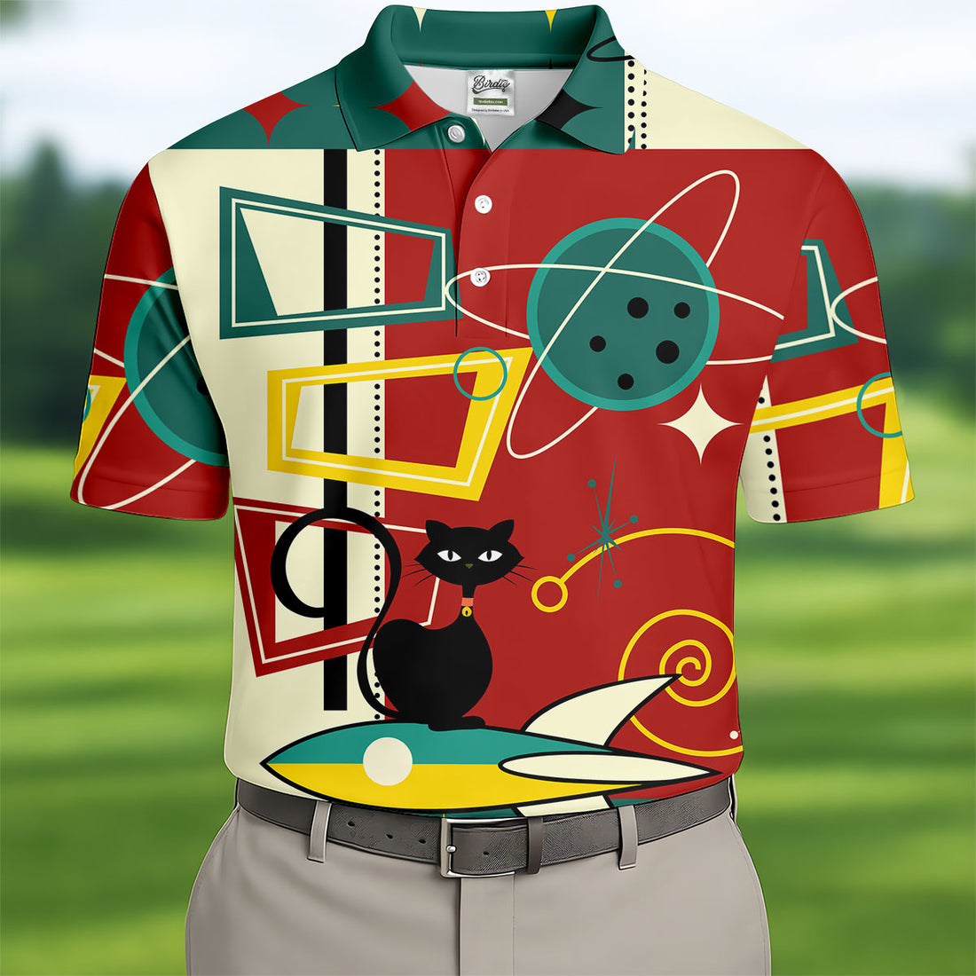 Geometric Abstraction Atomic Cat Hawaiian Golf Shirt, Retro Golf Shirt, Polo Shirts For Men
