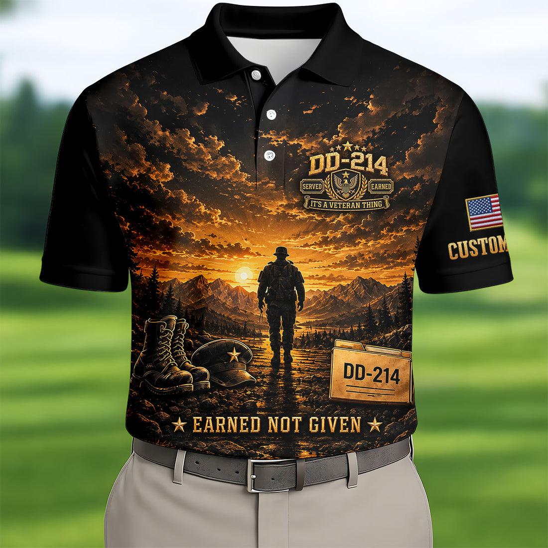 Custom DD-214 Sunset Soldier Golf Polo Shirt, Veterans Day Shirt, Mens Golf Shirts