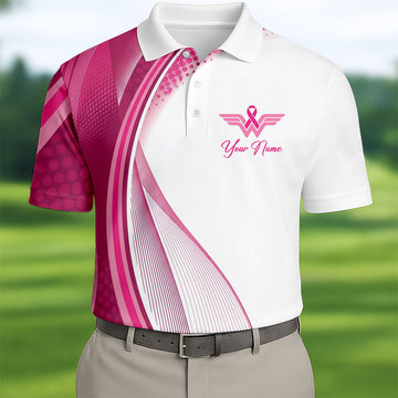 Custom Pink Ribbon Breast Cancer Golf Polo Shirt, Men's Golf Shirt, Printed Golf Shirts
