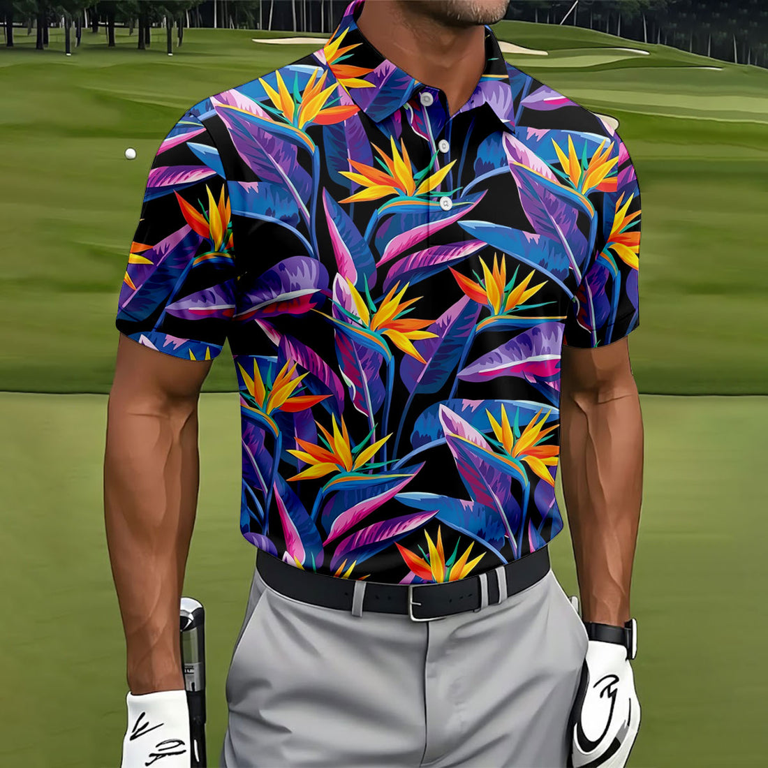 Vibrant Tropical Flowers and Exotic Jungle Leaves Hawaiian Golf Polo, Golf Tops For Men, Golfing Apparel