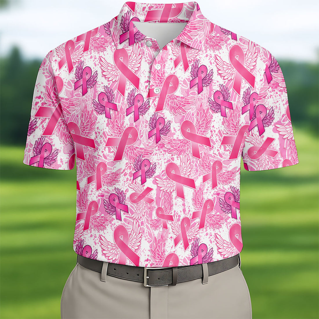 Breast Cancer Pink Ribbon Angel Wings Polo Shirt, Men's Golf Shirt, Golf Apparel For Men