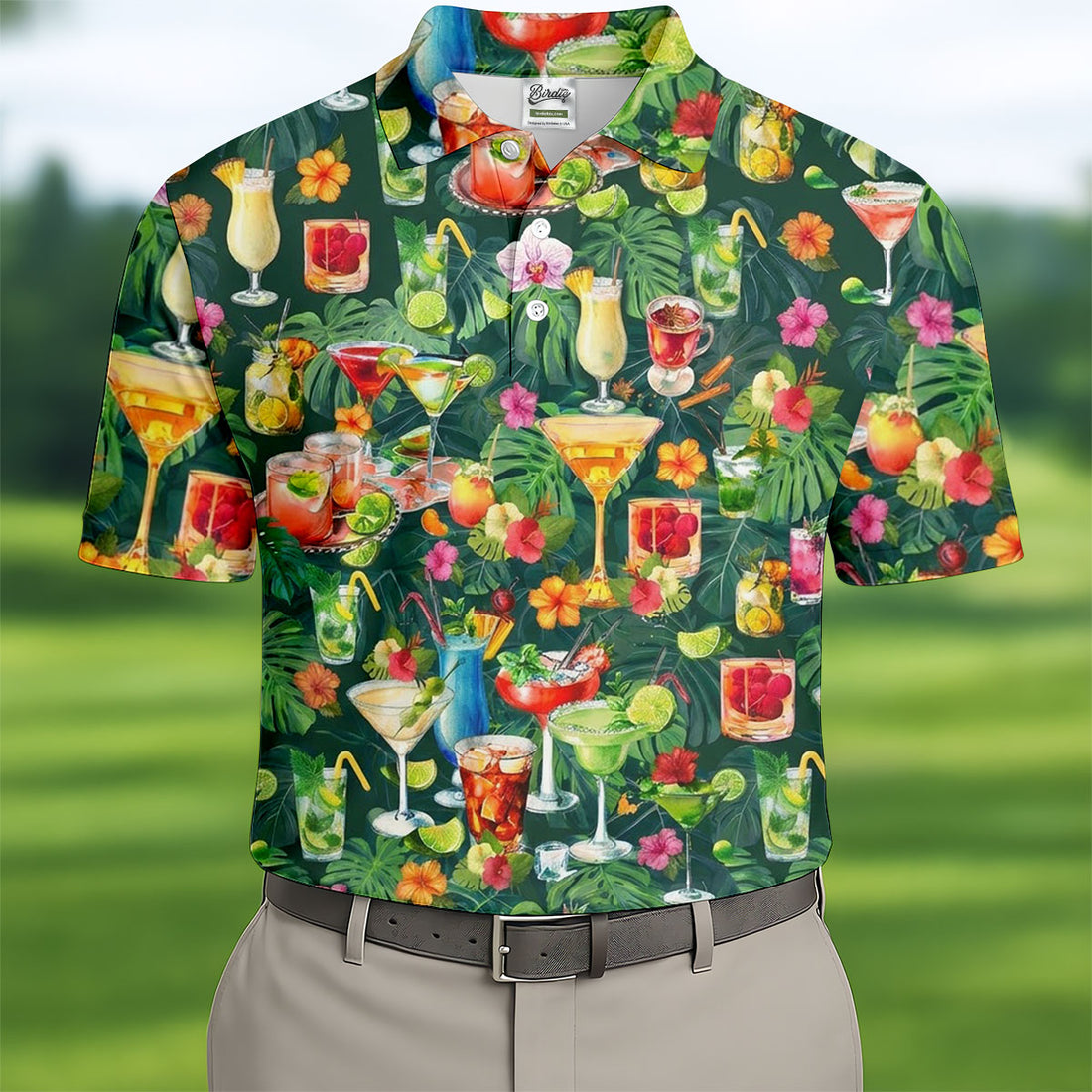 Tropical Cocktail Drinks And Floral Paradise Golf Polo, Hawaiian Golf Shirt, Golf Shirts For Men