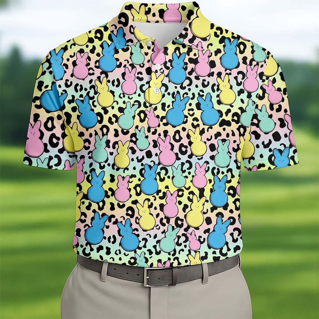 Pastel Easter Bunny Leopard Print Polo Shirt, Mens Golf Apparel, Printed Golf Shirts