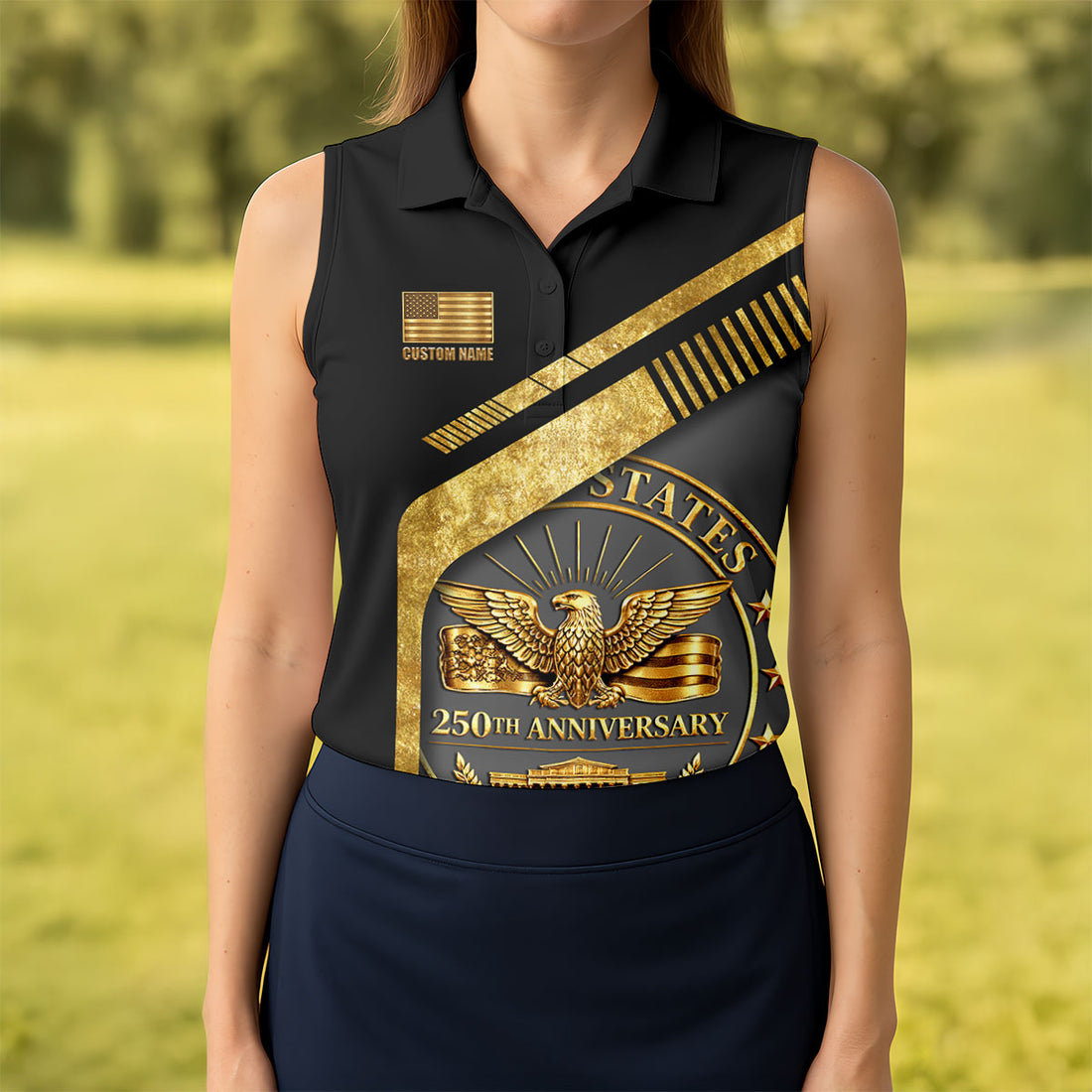US 250th Anniversary Black And Gold Patriotic 4th Of July Golf Shirt, Custom Name Golf Shirt For Women