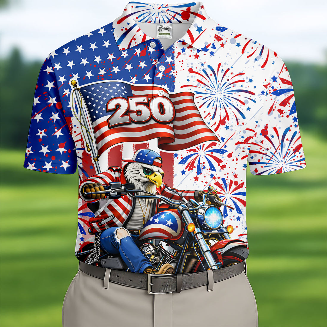 250 Years Eagle Motorcycle American Flag Golf Shirt, Patriotic 4th Of July Golf Shirts For Men