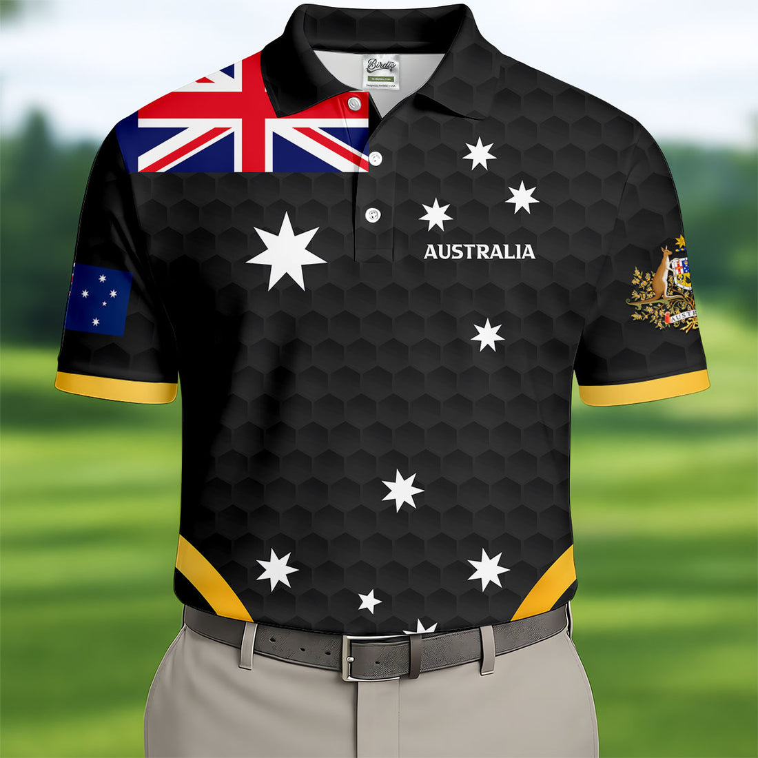 Australia Flag Print Golf Ball Pattern Black Golf Shirt, Australian Symbol Polo Shirts For Men