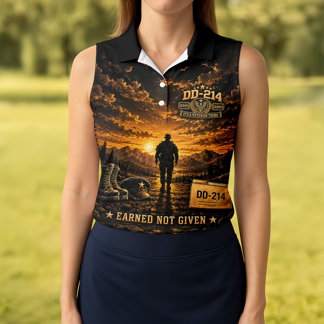 Custom DD-214 Sunset Soldier Golf Polo Shirt, Womens Golf Polo, Veterans Day Shirt