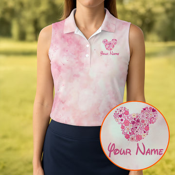 Custom Floral Heart Breast Cancer Polo Shirt, Golf Polo For Women, Women's Golf Apparel