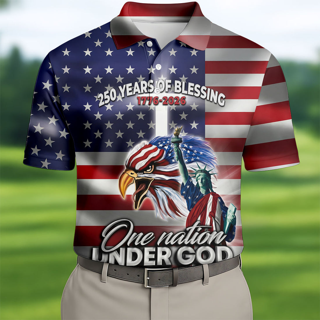 One Nation Under God 250 Years Of Blessing US Flag Golf Shirt, 4th Of July Golf Shirts For Men
