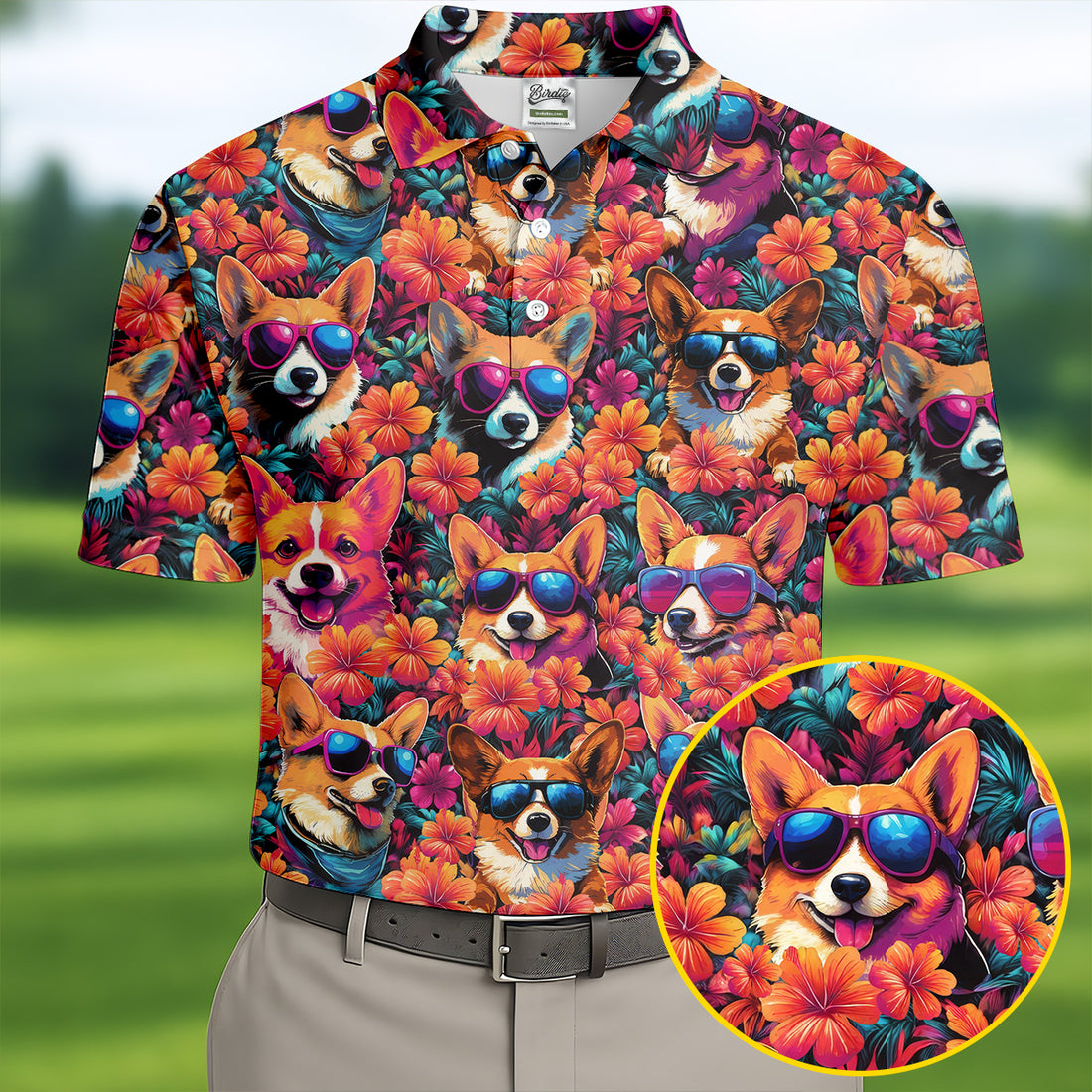 Tropical Corgi Floral Pattern Hawaiian Golf Polo, Golf Tops For Men, Golfing Apparel
