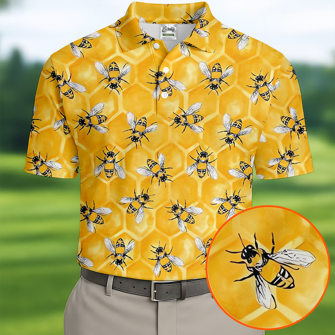 Realistic Flying Bees on Golden Honeycomb Hawaiian Golf Polo, Golf Tops For Men, Golfing Apparel