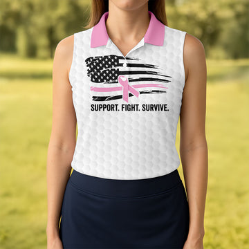 Custom Support Fight Survive Breast Cancer Polo Shirt, Ladies Golf Tops, Women’s Golf Polo