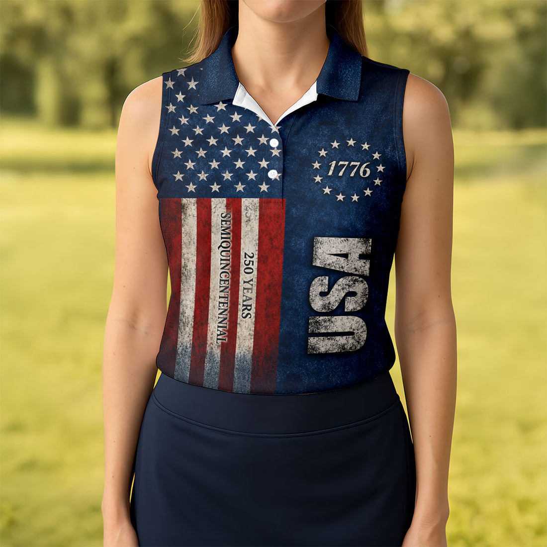 Patriotic American Flag Women's Golf Shirt, 4th Of July Golf Shirt