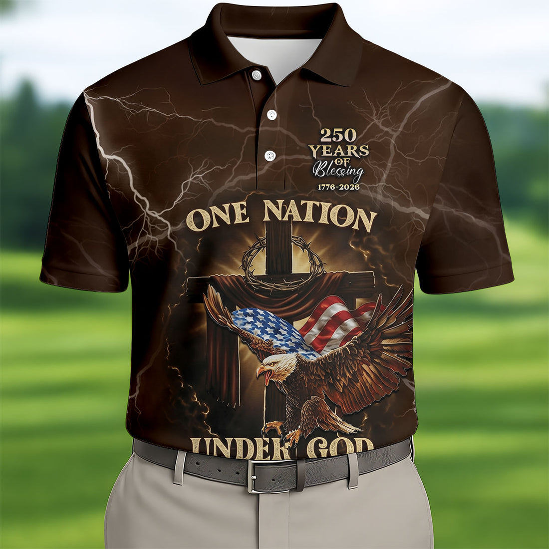 One Nation Under God 250 Years Faith Cross Golf Tops For Men, Patriotic Father's Day Golf Shirt